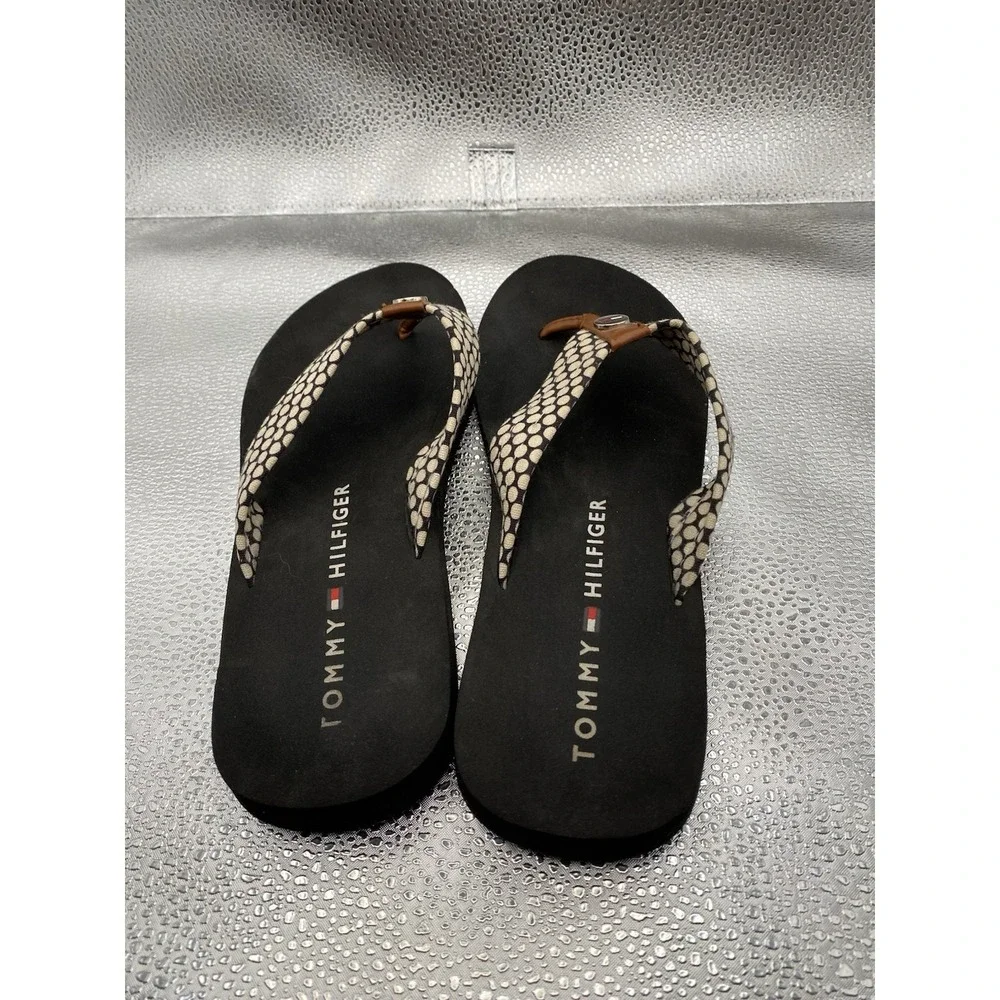 Tommy Hilfiger Polka Dot Logo Slip-On Strappy Black Beige Women's Flip Flop San…